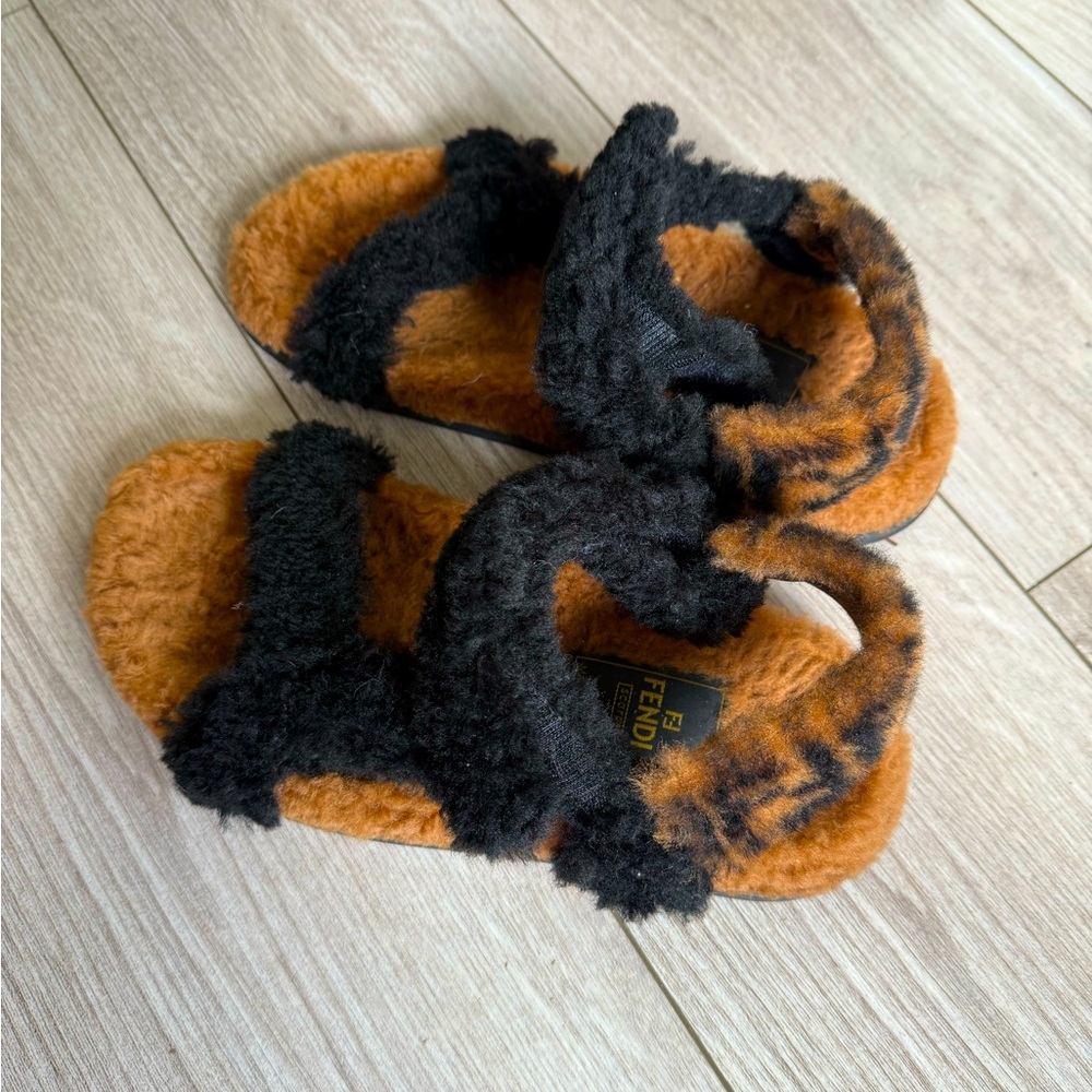 Fendi Black and Orange Fuzzy Shearling Slide Sandals